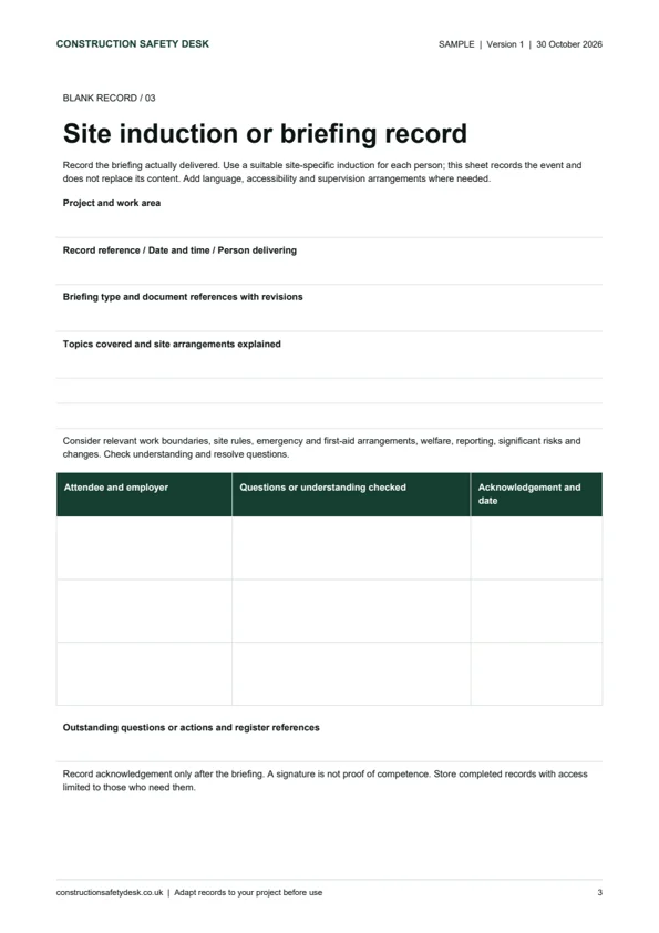 Blank site induction or briefing record with space for topics, attendees and follow-up actions