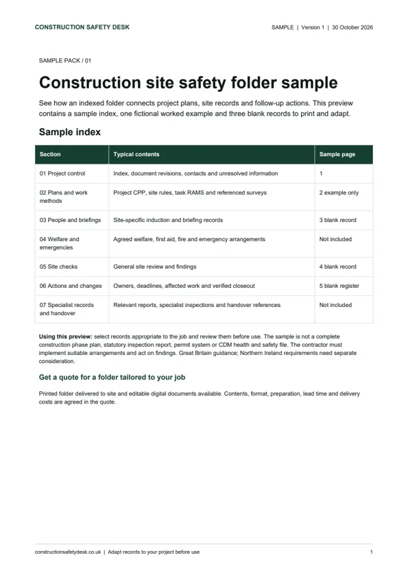 First page of the sample folder showing its section index
