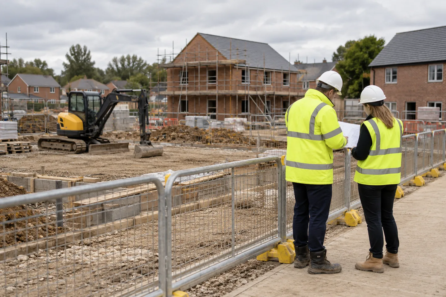 Construction professionals reviewing a drawing on a segregated site walkway